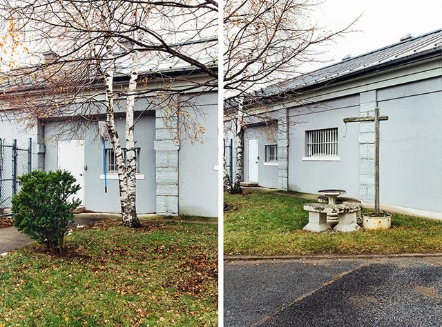 The Bleach Treatment: a blue-handled mop hangs, suggestively, from a birch tree and a wire for a hanging plant dangles, also suggestively, next to a stone seating area inside prison grounds. (Photo: Cindy Blažević)