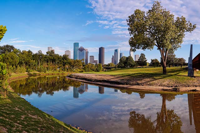 A panorama of downtown Houston from Buffalo Bayou Park.