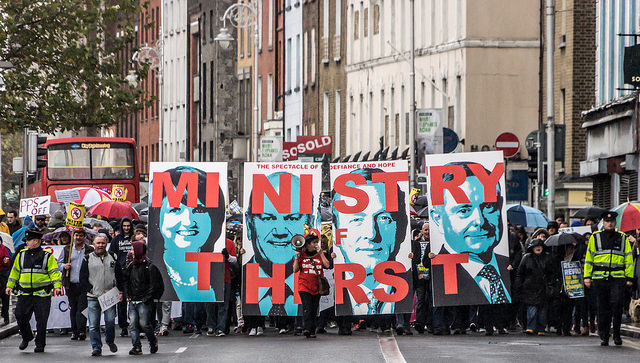 1 November, 2014: Demonstrators march through the streets to protest a water tax in Dublin, Ireland. (Photo: William Murphy)