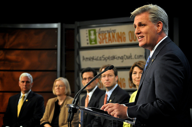 25 May, 2010: From right to left, Rep. MIke Pence, Rep. Candice Miller, Rep. Eric Cantor, Rep. Peter Roskam and Rep. Cathy McMorris Rodgers listen on as Rep. Kevin McCarthy speaks at an event. (Photo: House GOP)