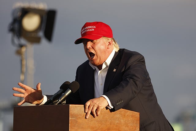 Donald Trump speaks during a rally aboard the Battleship USS Iowa in San Pedro, Los Angeles, California, September 15.