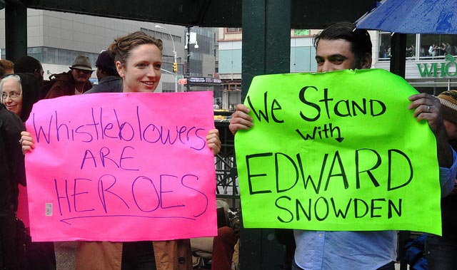 Activists demonstrate in support of Edward Snowden in New York City's Times Square in June 2013. 