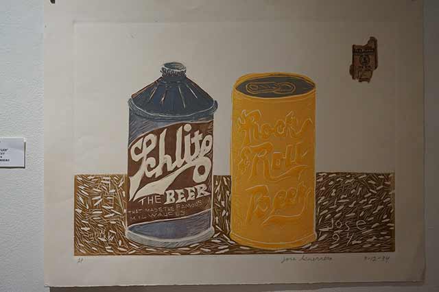 Jose Guerrero’s linoleum block prints, like this one, celebrated everyday people and the beer they liked to drink. Print by Jose Guerrero. (photo of print by J Burger)