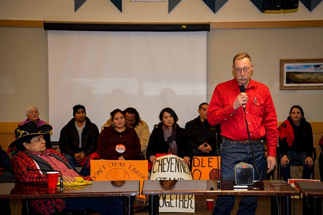 Rancher Brad Sauer testifying at the January 17, 2013, Otter Creek mine hearing in Lame Deer, Montana. (Photo by Alexis Bonogofsky)