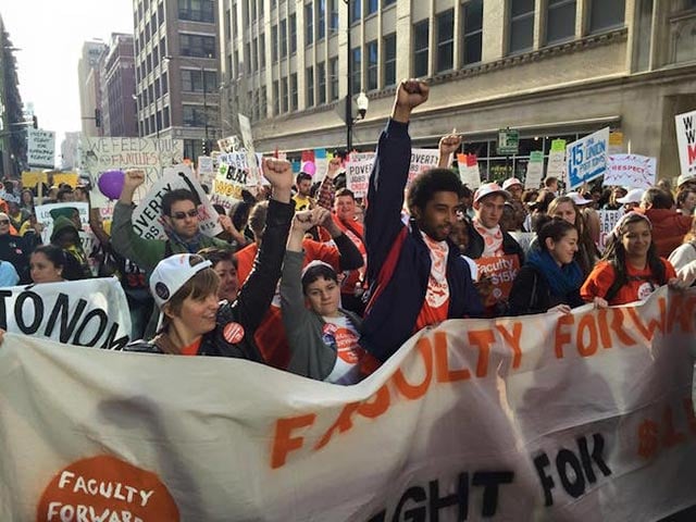 Chicago adjuncts march in the Fight for $15 rally on April 15, 2015.
