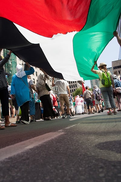Pro-Palestine demonstrators hold up the Palestinian flag during a march in Montreal, Canada, 10 August 2014. (Photo: KM Foto)