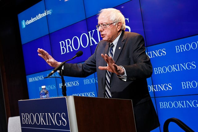 Democratic presidential candidate Bernie Sanders delivers an address on how to spur the American economy in Washington, DC, February 9th, 2015. (Photo: Brookings Institution)