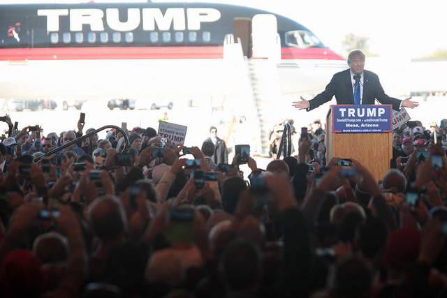 Donald Trump speaks with supporters at a hangar at Mesa Gateway Airport in Mesa, Arizona, on December 16, 2015. (Photo: Gage Skidmore)