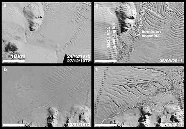 Crosson Glacier, Amundson Sea Embayment, West Antarctic Ice Sheet. The glacier emptying into the Amundson Sea Embayment drain a third of the Mexico sized West Antarctic Ice Sheet. Rifting shown in these satellite images is the likely precursor to collapse of this area. (From MacGregor 2012)