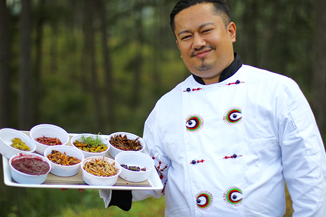  Chef Joel Basumatari, Sema-Angami and Kachari Tribes of Nagaland, India, shared his passion to train indigenous youth to respect their unique food culture. “Old is gold,” he said. Basumatari served a dazzling platter of insects with sweet potato and bamboo shoots at a tasting workshop. Delegates had crunchy grasshoppers, edible spiders, honeybees and carpenter worm, considered the saffron of worms. “Insects are full of protein. You can add carpenter worm to your salad and make a healthy meal,” he said. (Photo: Rucha Chitnis)