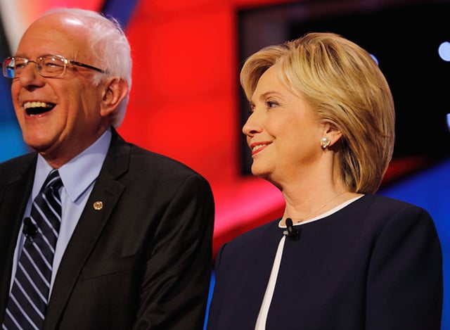 Sen. Bernie Sanders, Hillary Clinton at a Democratic presidential debate hosted by CNN in Las Vegas, Nevada, on October 13, 2015. (Photo via Shutterstock)