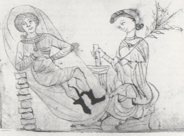Art from a 13th-century illuminated manuscript features a herbalist preparing a concotion containing pennyroyal for a woman. (Image: Wikimedia Commons)