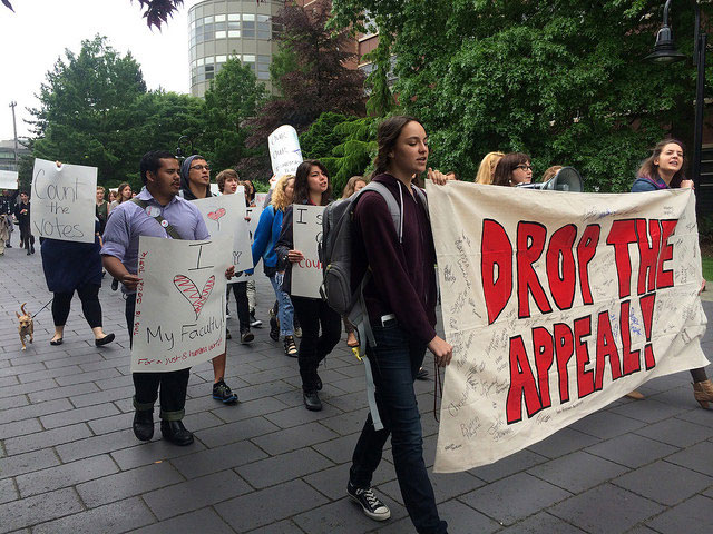 On May 29, 2014, Seattle University students protested their administration's decision to appeal the contingent faculty's right to have a union vote.