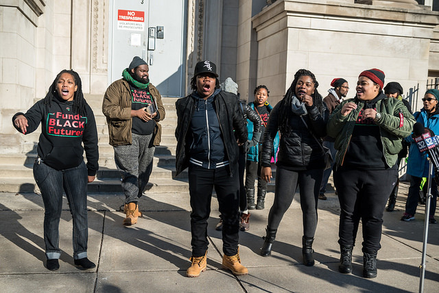 Members of Chicago's Black Youth Project demonstrate in the Reclaim MLK rally in Chicago, Illinois, on January 16, 2016. (Photo: Sarah Ji)