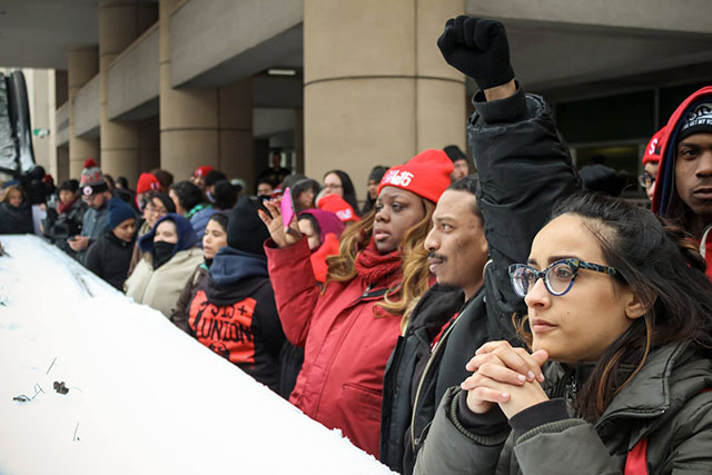Protesters gather at the #StopTheRaids demonstration on February 15, 2016 in Chicago, Illinois. (Photo: Tom Callahan)