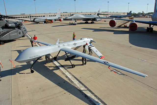 A Predator Drone is rolled into position as a static display on June 2, 2012 for the Rockford AirFest in Rockford, Illinois. (Photo via Shutterstock)