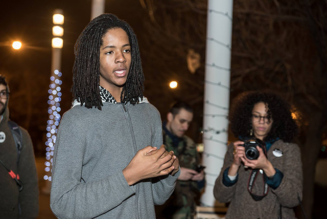Kaleb Autman, 14, speaks at a noise and light demonstration on March 10, 2016 in Chicago, IL. (Photo: Sarah-Ji)