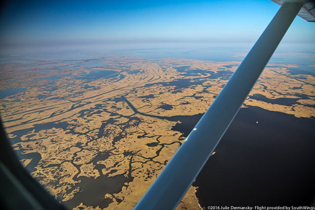 Aerial view of Terrebonne Parish, one of the Louisiana parishes that didn’t opt to sue the oil and gas industry for environmental damages from past practices. (Photo: Julie Dermansky)