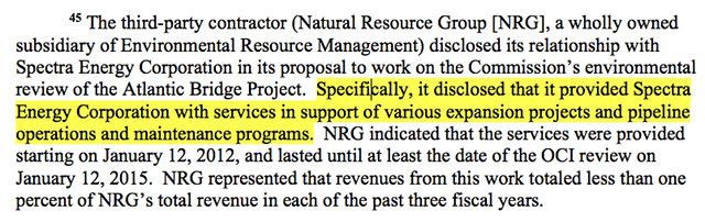 A passage from FERC’s authorization to construct the Atlantic Bridge project. Though FERC quotes NRG’s disclosure, the description does not encompass the contractor’s work for PennEast.