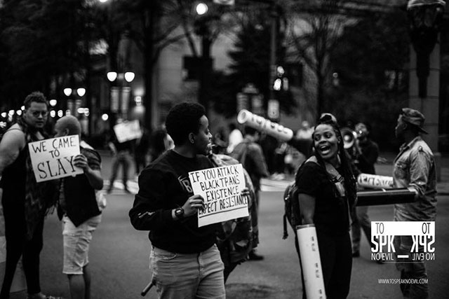 Ashley Williams protests HB2 in uptown Charlotte during a Charlotte Hornets basketball game. (Photo: Alvin C. Jacobs) 