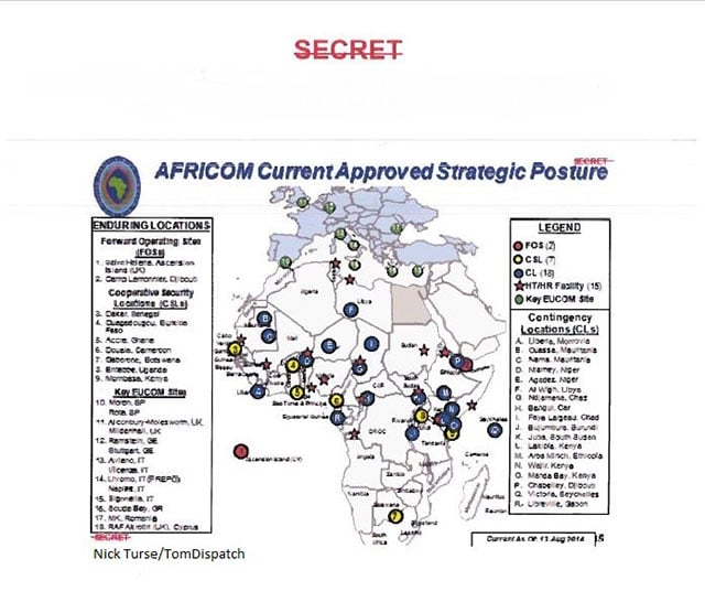 A map of U.S. military bases — forward operating sites, cooperative security locations, and contingency locations — across the African continent in 2014 from declassified AFRICOM planning documents. (Credit: Nick Turse / TomDispatch)