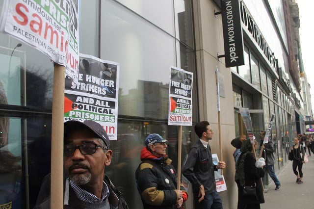 Demonstrators rallied outside the Best Buy store in Manhattan's Union Square to support a mass hunger strike launched by Palestinian political prisoners in Israeli detention