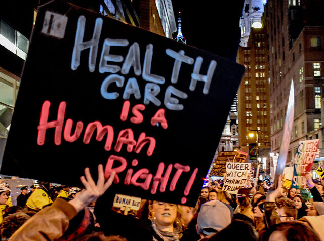 Over 500 protesters demonstrate outside the Republican Congressional Retreat in Philadelphia, January 25, 2017.