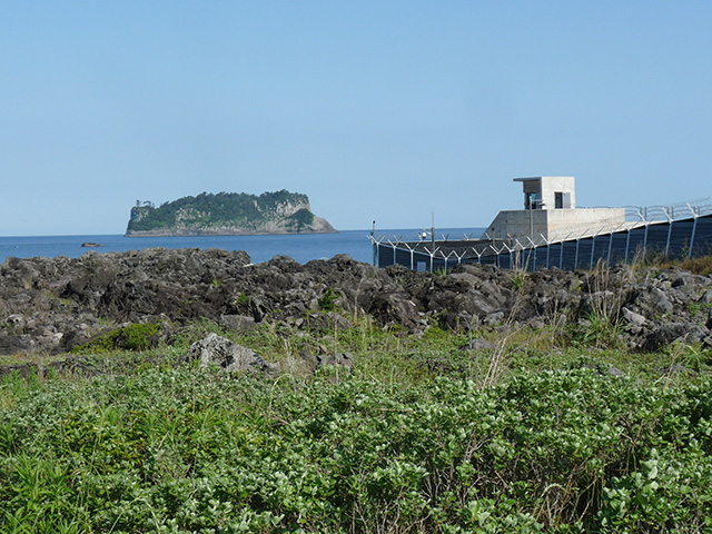 Guards look out from behind a razor wire fence surrounded the new South Korean naval base on Jeju island, South Korea. (Photo: Jon Letman)