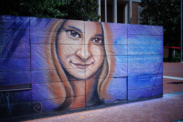 A chalk mural of Heather Heyer, murdered by a white supremacist hitting her and other anti-racist protesters with his car, adorns the Charlottesville Downtown Mall on August 16, 2017, in Charlottesville, Virginia. (Photo: Bored_Grrl)