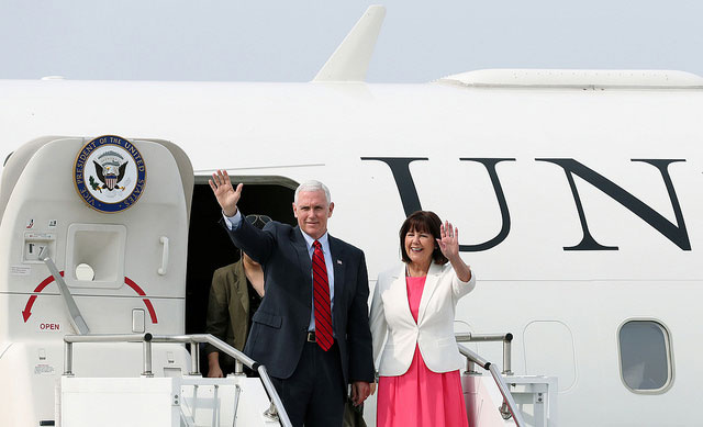Vice President Mike Pence arrives at the OSAN Airbase in South Korea, April 16, 2017.