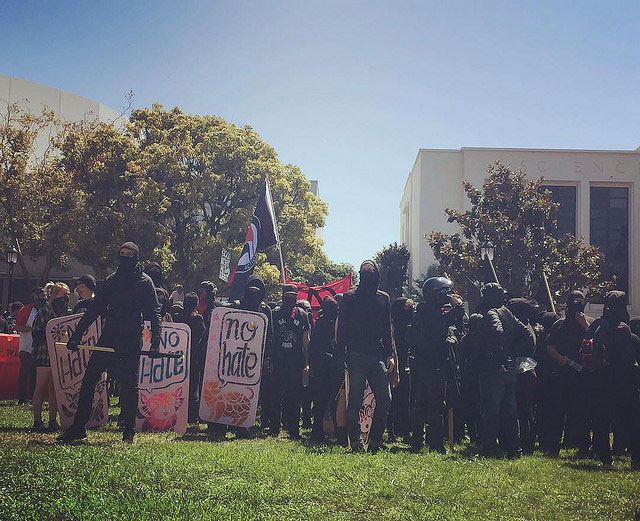 Counter-protest leaders shouted their gratitude to the black bloc in Berkeley, California, August 28, 2017.