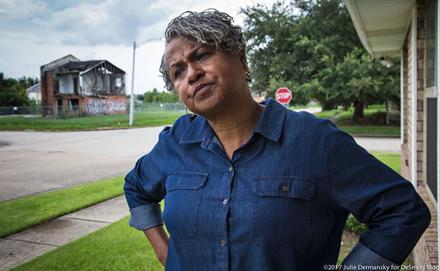 Shannon Rainey in front of her home in Gordon Plaza across from Press Park in New Orleans’ Upper Ninth Ward. (Photo: Julie Dermanksy)