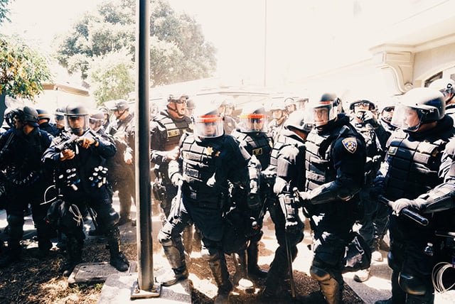 Police congregate during a counterprotest on August 27, 2017 in Berkeley, California. (Photo: Tally Bower)