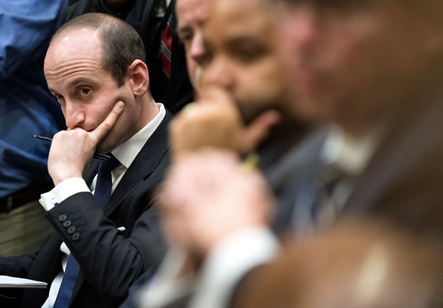 Stephen Miller, Trump's adviser for policy, attends a meeting with Donald Trump and congressional leadership in the Roosevelt Room at the White House on November 28, 2017. Trump spoke on the recent intercontinental ballistic missile launch by North Korea. (Photo: Kevin Dietsch-Pool / Getty Images)