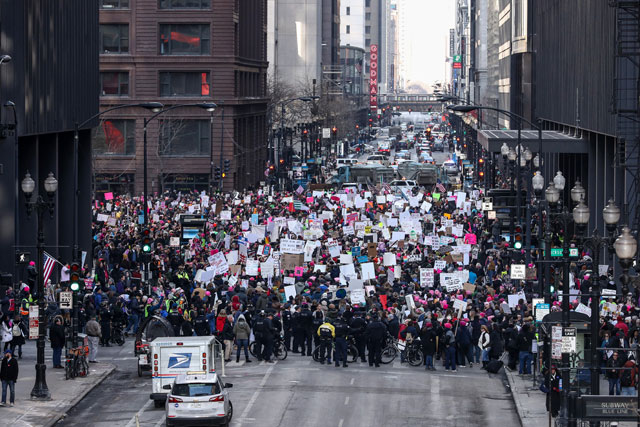 Protesters participate in the Women's March against President Donald J. Trump in Chicago, United States on January 20, 2018. (Photo: Bilgin S. Sasmaz / Anadolu Agency / Getty Images)