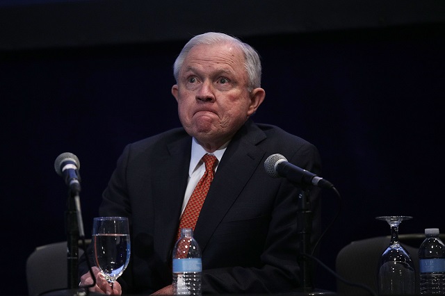 U.S. Attorney General Jeff Sessions listens to remarks during an event November 17, 2017 in Washington, DC. Sessions addressed The Federalist Society's 2017 National Lawyers Convention at the Mayflower Hotel. (Photo by Alex Wong/Getty Images)