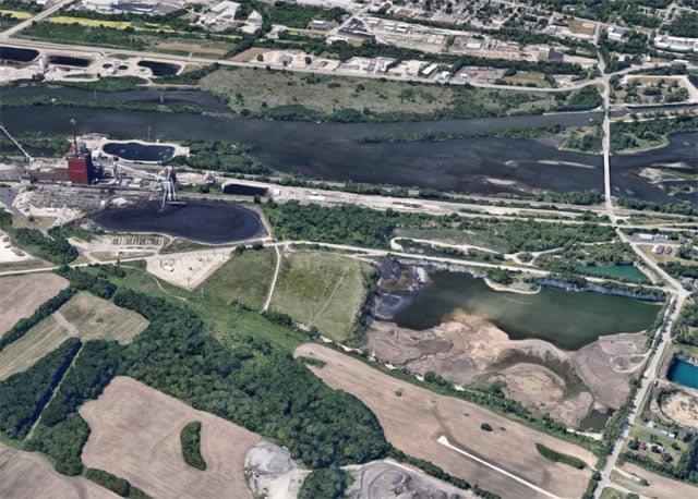 Chicago-area residents worry a former stone quarry, lower right, will become a destination for coal ash now stored near four NRG power plants. (Photo: Google Earth)