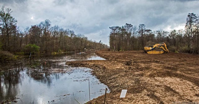 The empty construction site for the Bayou Bridge pipeline through the Atchafalaya Basin February 25, the day after a district judge granted an injunction halting work. (Photo: Julie Dermansky)