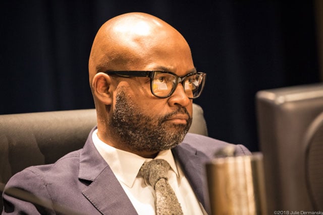 Councilmember-at-Large Jason Rogers Williams, who at times was confrontational with speakers during the New Orleans City Council meeting on March 8.